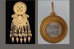 Spilla in stile archeologico (sx); ciondolo in oro con micromosaico (dx). Atelier Castellani